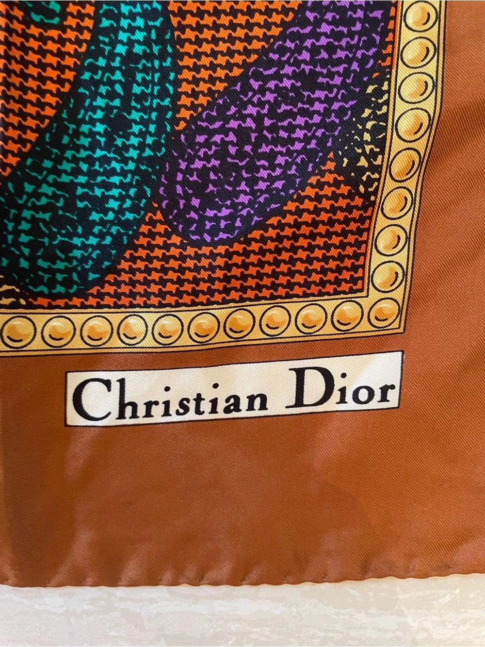 Dior Brown Orange Purple Teal Paisley Logo Silk Scarf